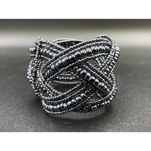 Braided Cuff Bracelet Iridescent Black Bead Memory Wire - Picture 5 of 7